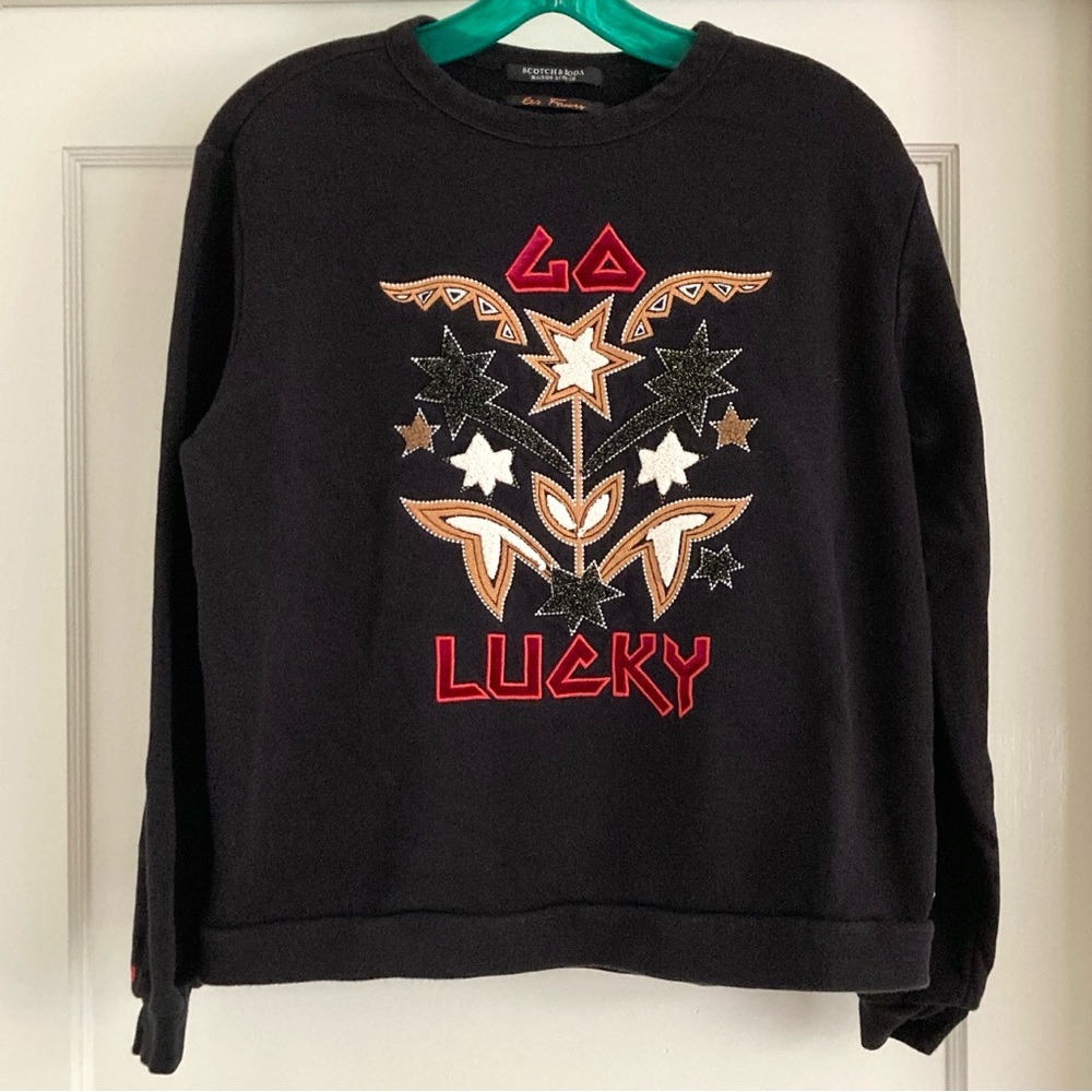 Scotch & Soda Maison Scotch Go Lucky patch velvet embroidery crewneck sweatshirt